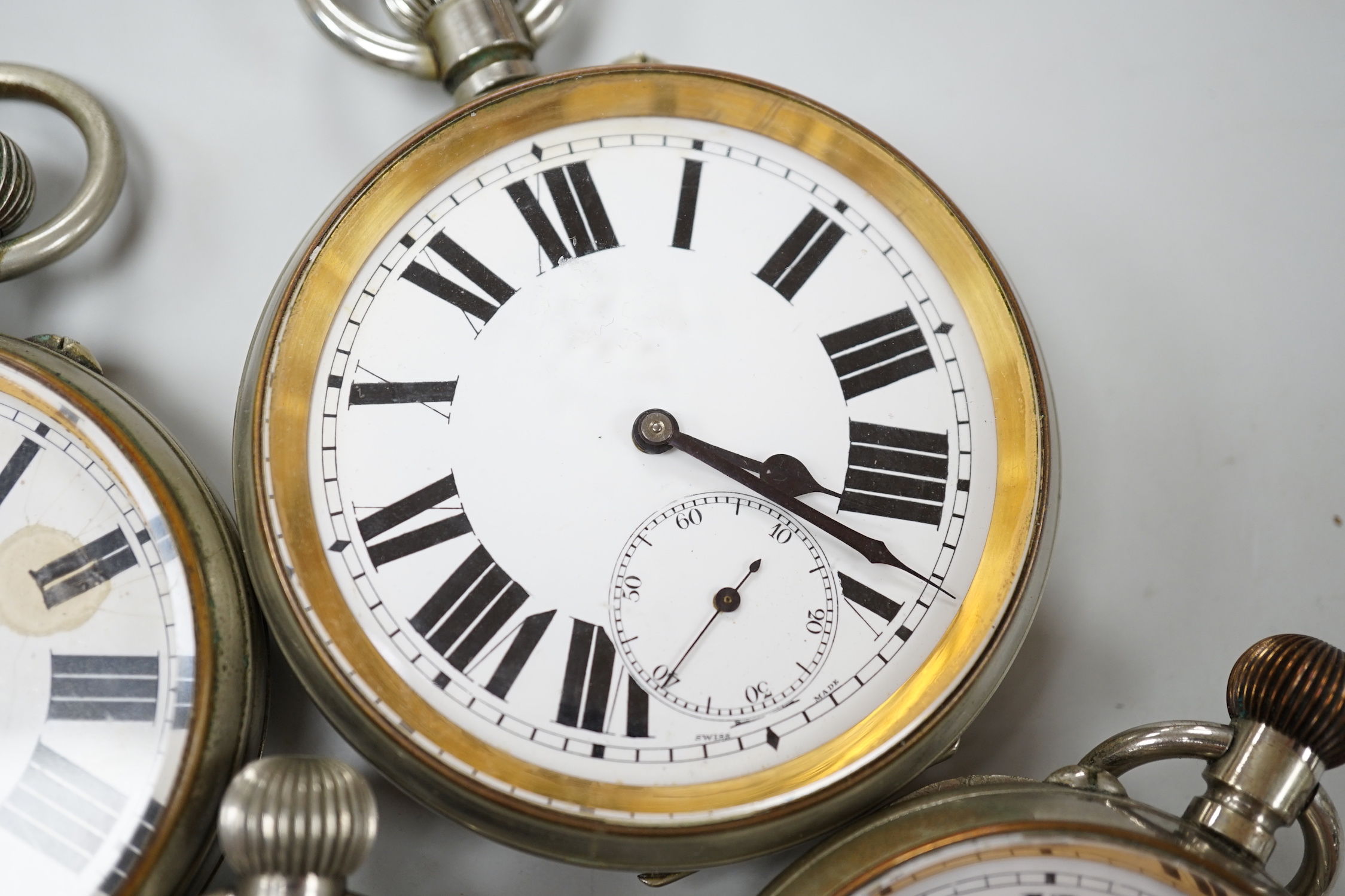 Six assorted Goliath pocket watches, largest diameter 77mm.